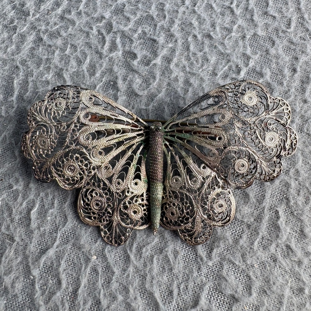 Vintage Silver Tone Filigree Butterfly Brooch Pin Ornate Wire Work Jewelry